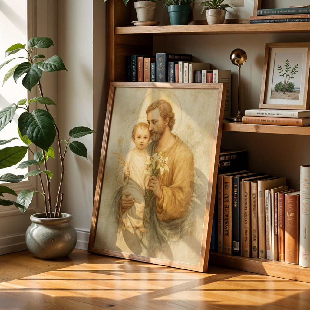 Saint Joseph with Child Jesus wall Art, Fathers Faith Gift, Catholic Home Decor, Holygraceart