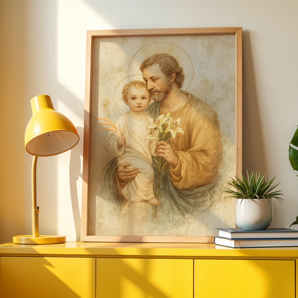 Saint Joseph with Child Jesus wall Art, Fathers Faith Gift, Catholic Home Decor, Holygraceart
