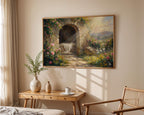 Resurrection Canvas Print, Empty Tomb Sunrise Painting, Christian Easter Decor, Floral Garden Home Poster