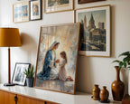 Virgin Mary Praying with Child Canvas Print, Marian Mother Daughter Faith Art