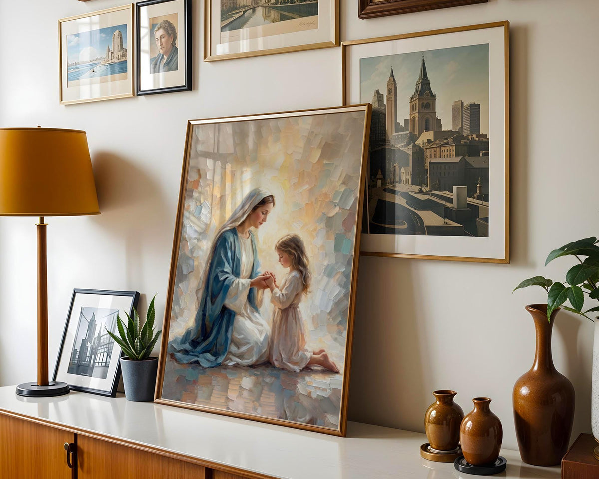 Virgin Mary Praying with Child Canvas Print, Marian Mother Daughter Faith Art