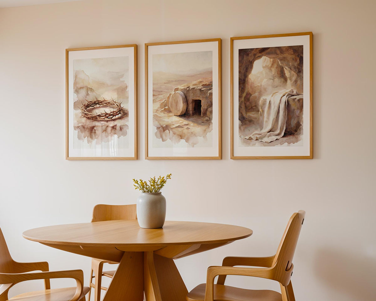 Christian Easter Wall Art Set, Crown of Thorns Empty Tomb Watercolor Prints