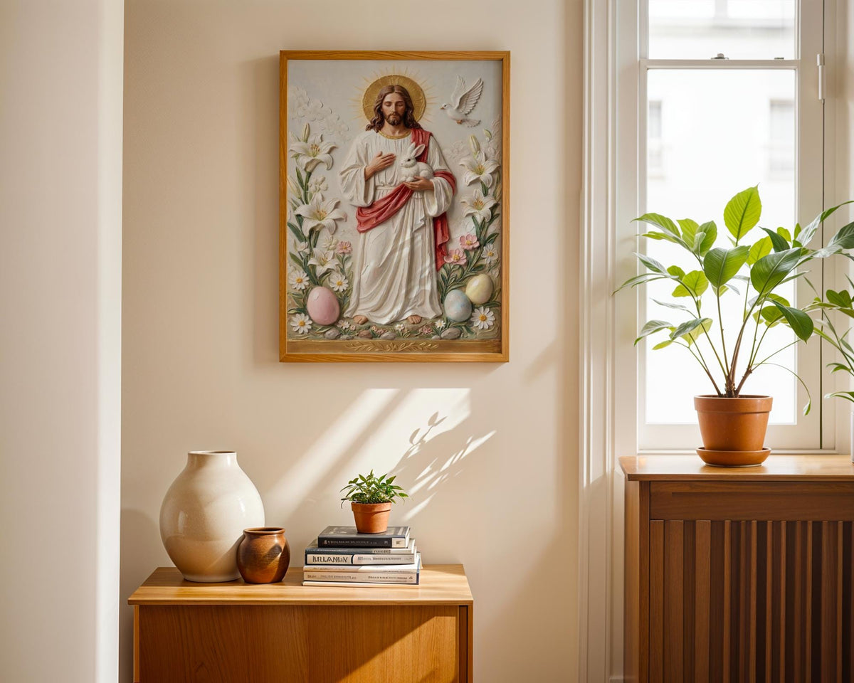 Jesus Easter Canvas Print, Christian Resurrection Art, Lamb Lily Dove Religious Decor