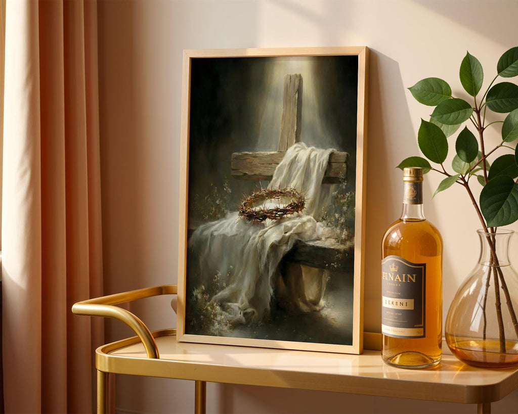 Resurrection Cross Canvas Print, Crown of Thorns, Easter Religious Wall Art