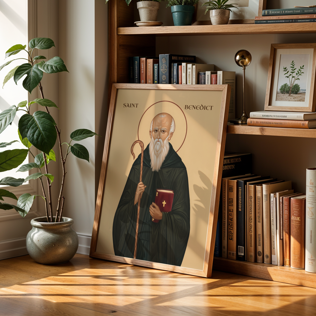 Saint Benedict Icon Print, Monastic Wisdom Gift Christian Wall Art, Holygraceart