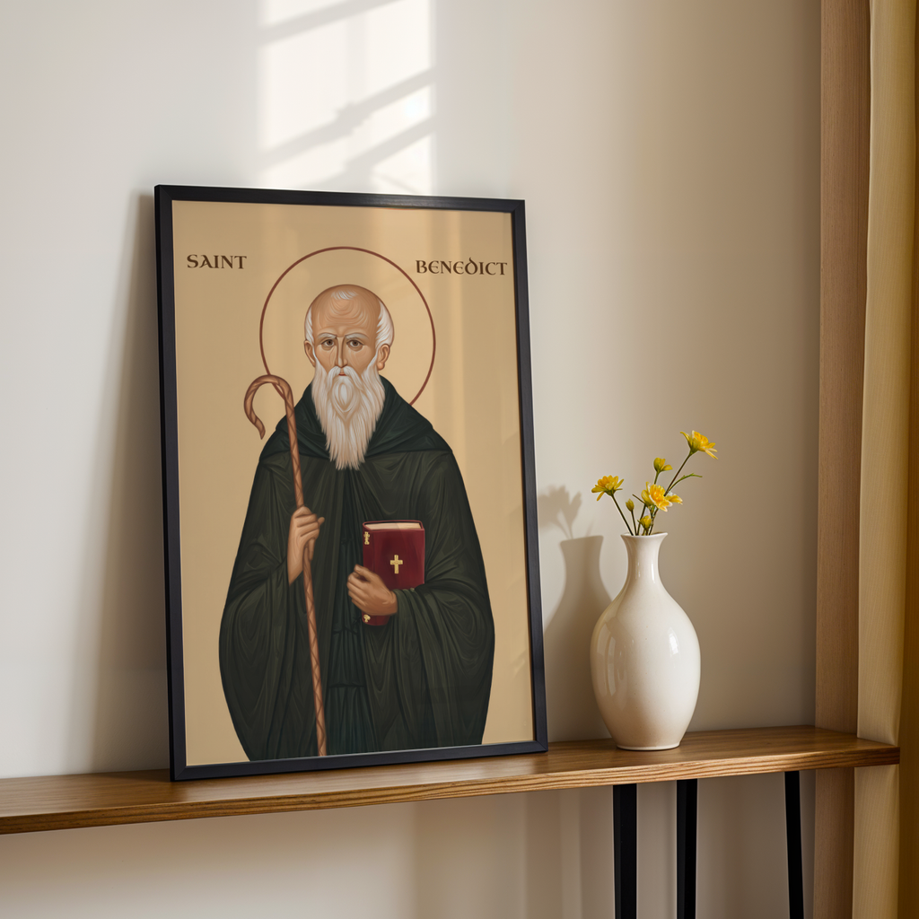 Saint Benedict Icon Print, Monastic Wisdom Gift Christian Wall Art, Holygraceart
