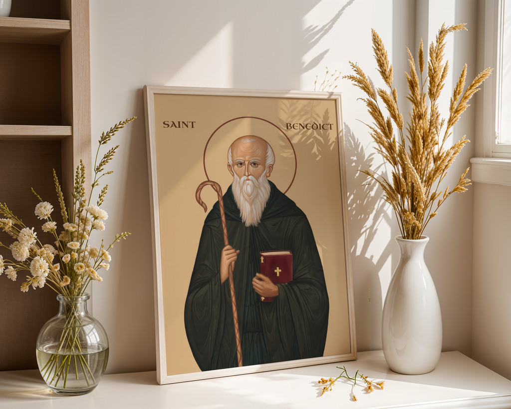 Saint Benedict Icon Print, Monastic Wisdom Gift Christian Wall Art, Holygraceart
