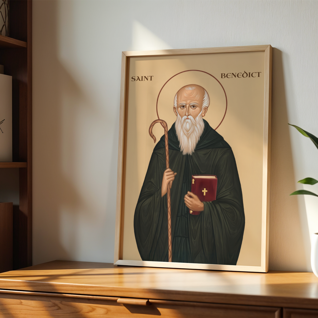 Saint Benedict Icon Print, Monastic Wisdom Gift Christian Wall Art, Holygraceart