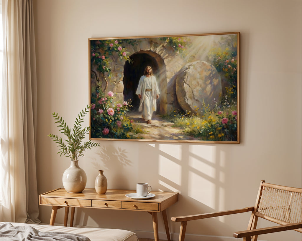 Jesus Resurrection Wall Art Canvas Print, Christian Easter Decor, Empty Tomb Painting, Religious Wall Decor, Bible Art Poster