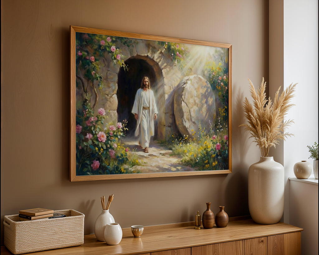 Jesus Resurrection Wall Art Canvas Print, Christian Easter Decor, Empty Tomb Painting, Religious Wall Decor, Bible Art Poster
