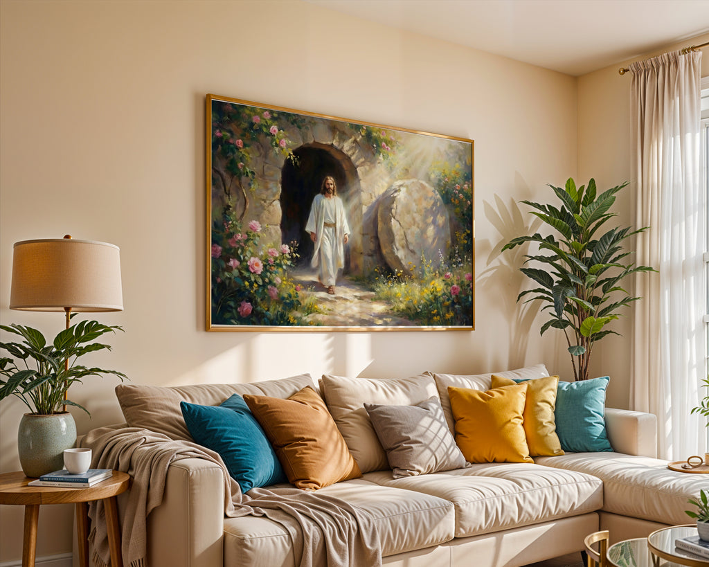 Jesus Resurrection Wall Art Canvas Print, Christian Easter Decor, Empty Tomb Painting, Religious Wall Decor, Bible Art Poster