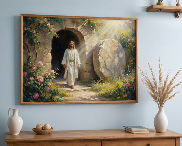 Jesus Resurrection Wall Art Canvas Print, Christian Easter Decor, Empty Tomb Painting, Religious Wall Decor, Bible Art Poster