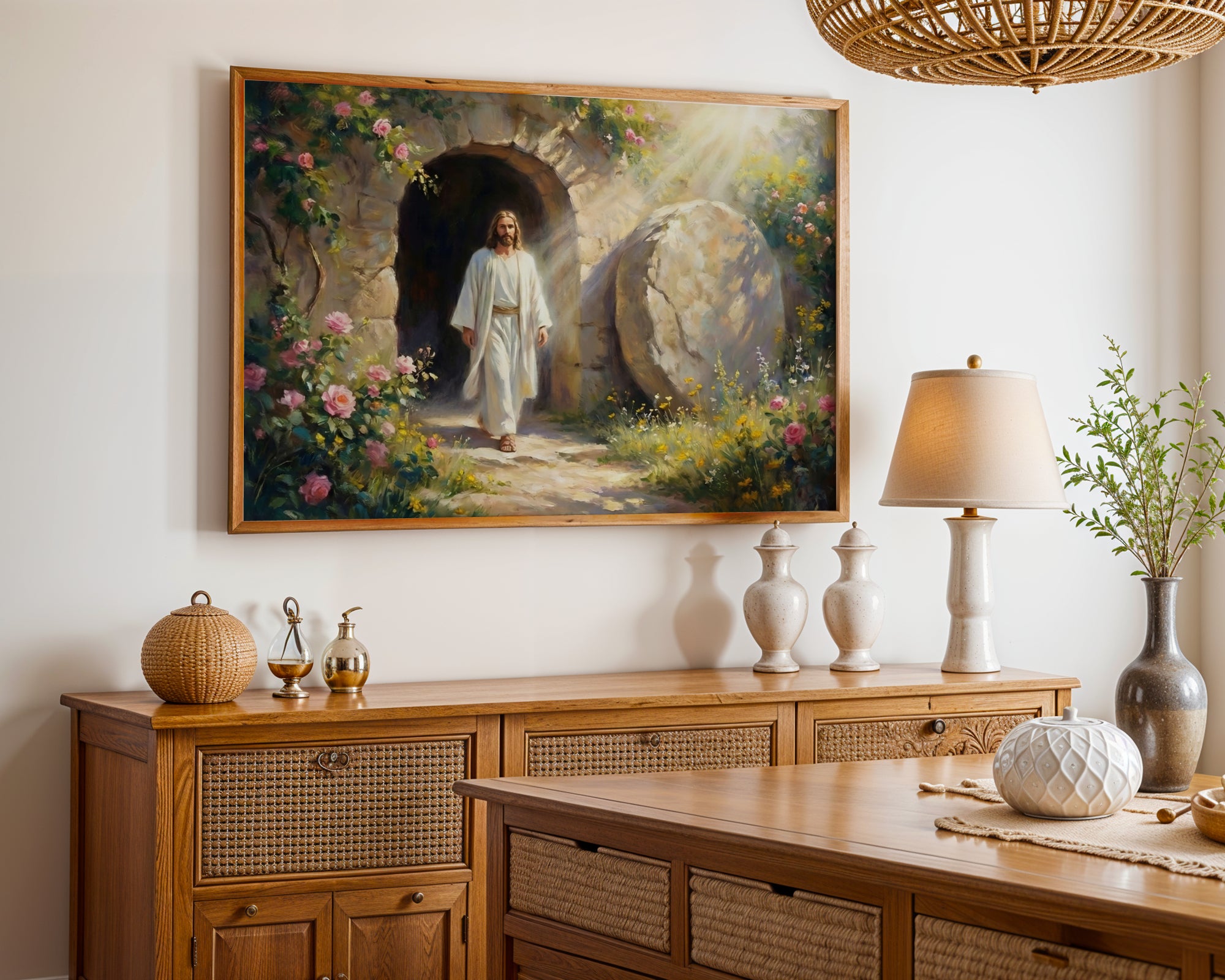 Jesus Resurrection Wall Art Canvas Print, Christian Easter Decor, Empty Tomb Painting, Religious Wall Decor, Bible Art Poster