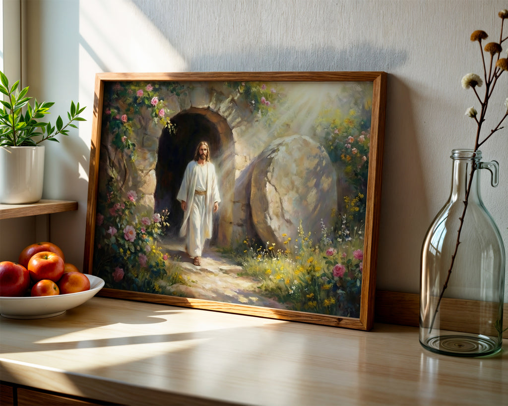 Jesus Resurrection Wall Art Canvas Print, Christian Easter Decor, Empty Tomb Painting, Religious Wall Decor, Bible Art Poster