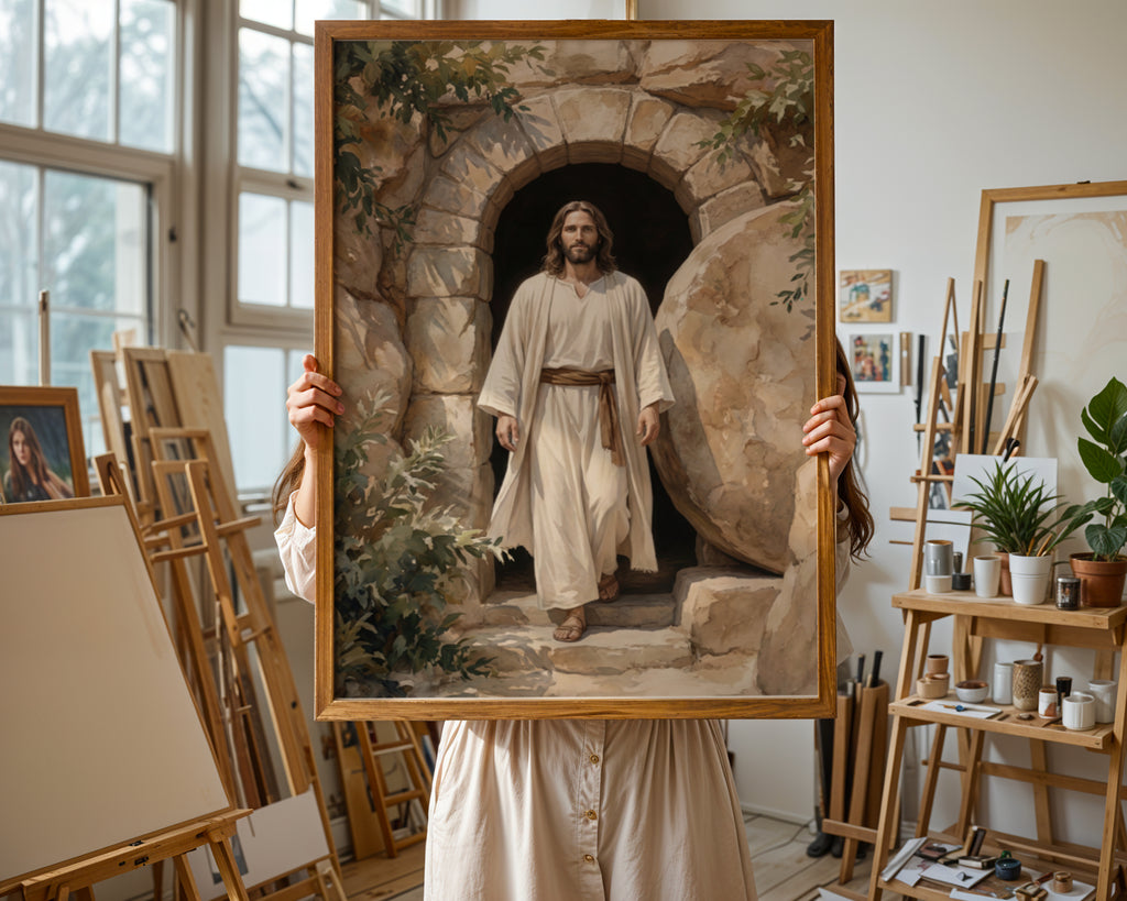 Resurrection of Jesus Wall Art Print, Empty Tomb Christian Canvas, Risen Christ Painting, Easter Religious Decor for Christian Home