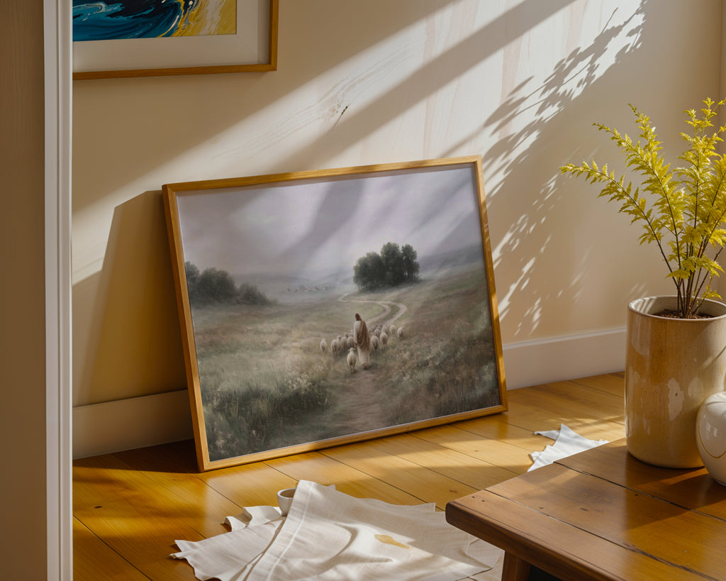 Jesus the Good Shepherd Walking with Sheep, Christian Canvas Wall Art, Peaceful Biblical Landscape Print