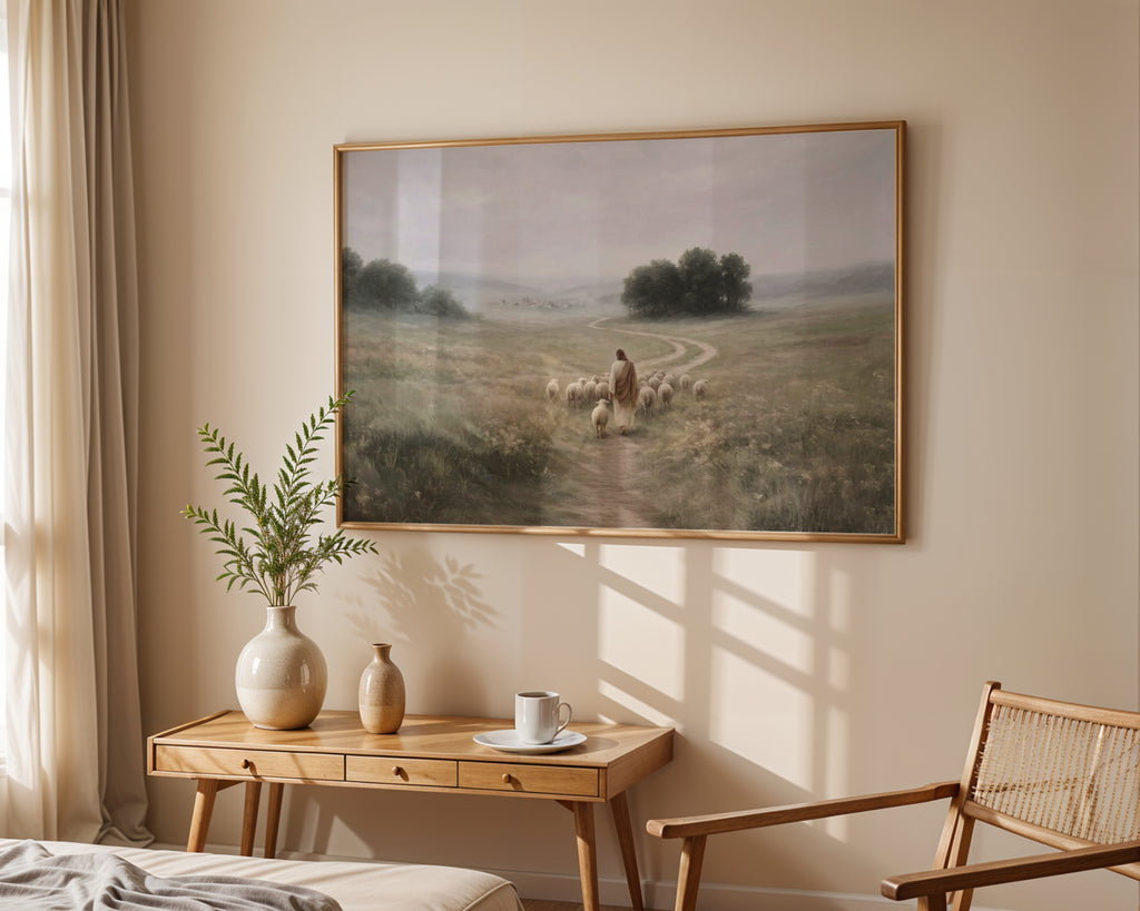 Shepherd of Quiet Paths, Good Shepherd Wall Art, Jesus with Sheep Christian Print, Religious Landscape Decor