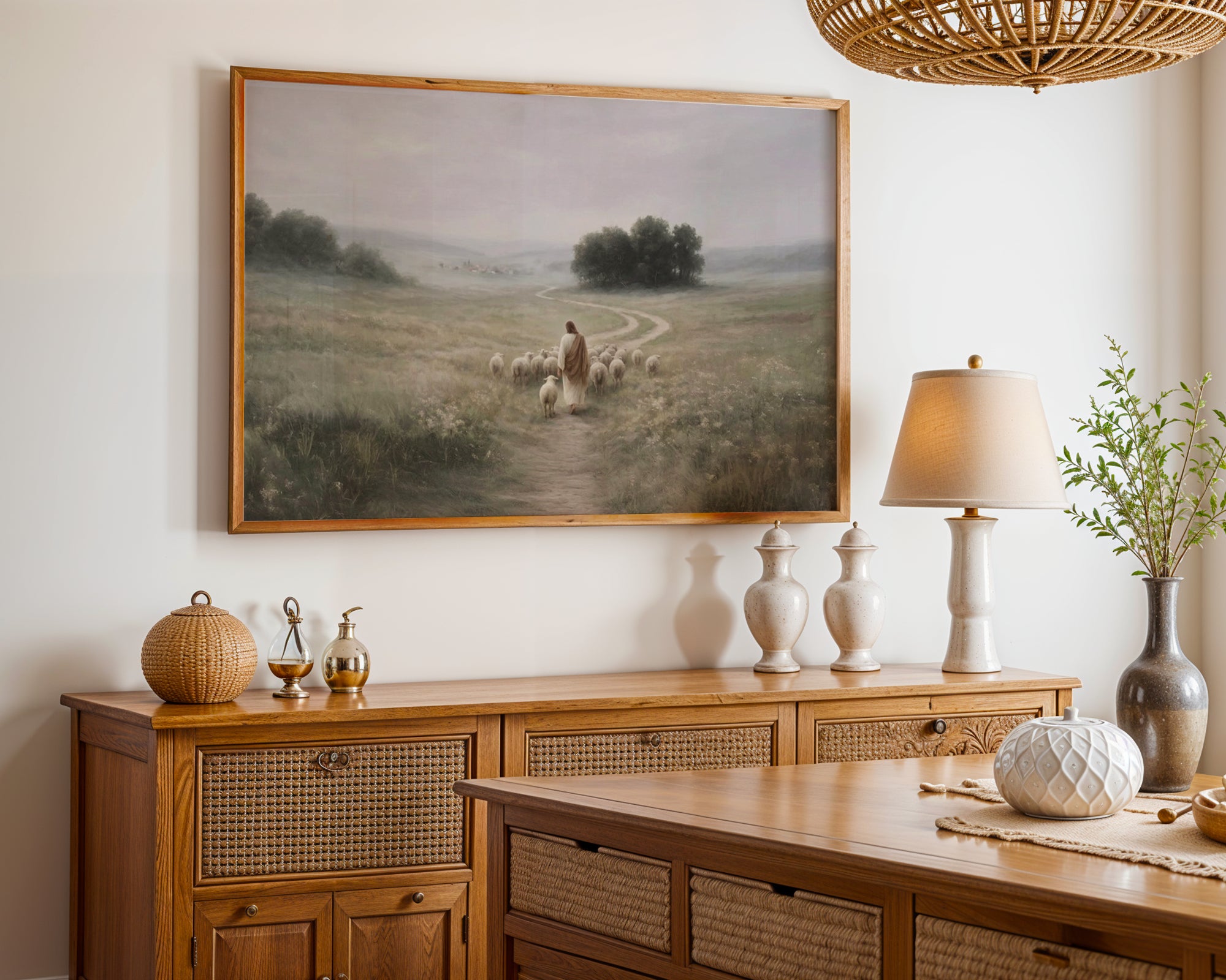Jesus the Good Shepherd Walking with Sheep, Christian Canvas Wall Art, Peaceful Biblical Landscape Print