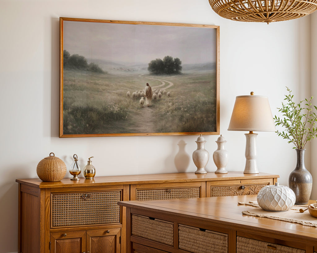 Shepherd of Quiet Paths, Good Shepherd Wall Art, Jesus with Sheep Christian Print, Religious Landscape Decor