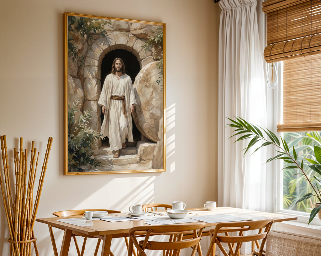 Resurrection of Jesus Wall Art Print, Empty Tomb Christian Canvas, Risen Christ Painting, Easter Religious Decor for Christian Home
