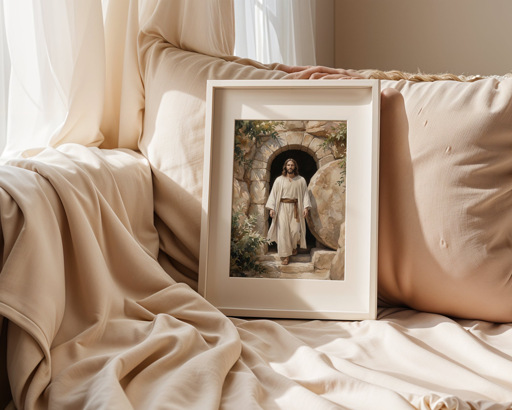 Resurrection of Jesus Wall Art Print, Empty Tomb Christian Canvas, Risen Christ Painting, Easter Religious Decor for Christian Home