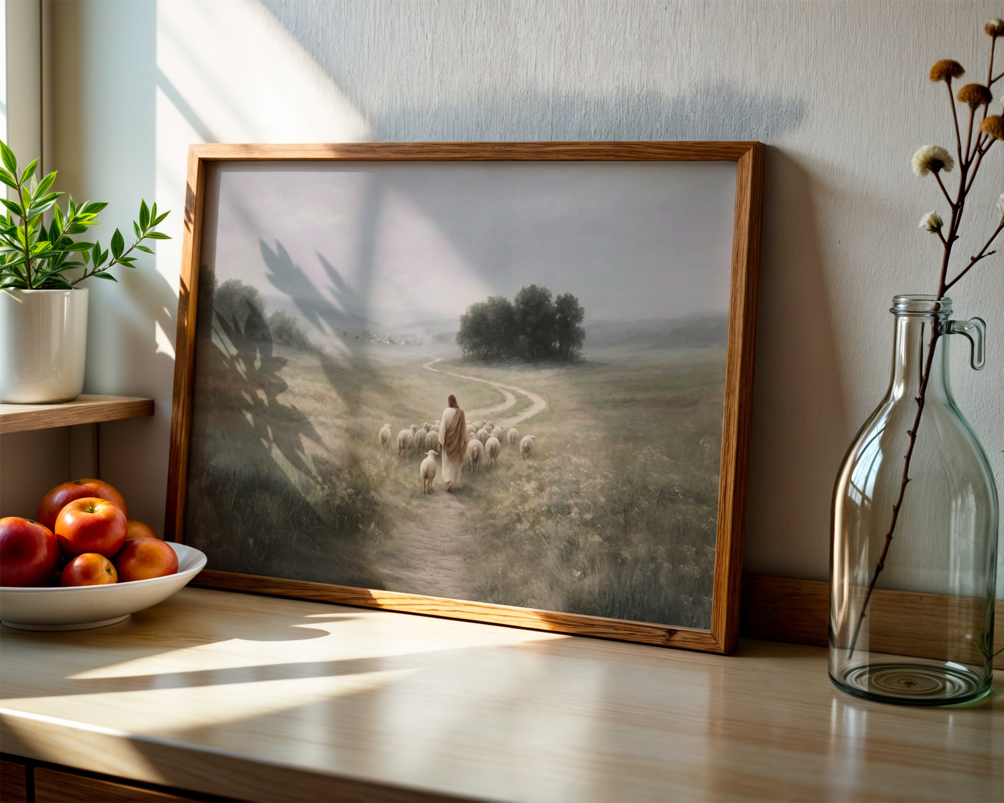 Shepherd of Quiet Paths, Good Shepherd Wall Art, Jesus with Sheep Christian Print, Religious Landscape Decor