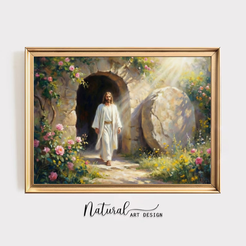 Jesus Resurrection Wall Art Canvas Print, Christian Easter Decor, Empty Tomb Painting, Religious Wall Decor, Bible Art Poster