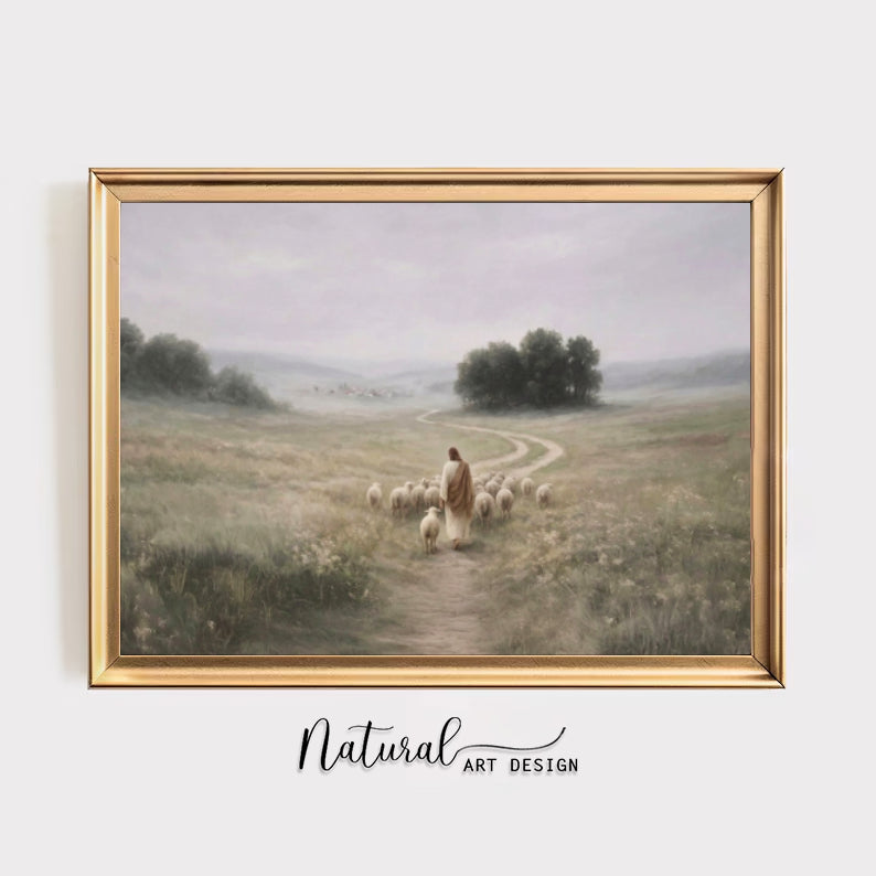 Jesus the Good Shepherd Walking with Sheep, Christian Canvas Wall Art, Peaceful Biblical Landscape Print