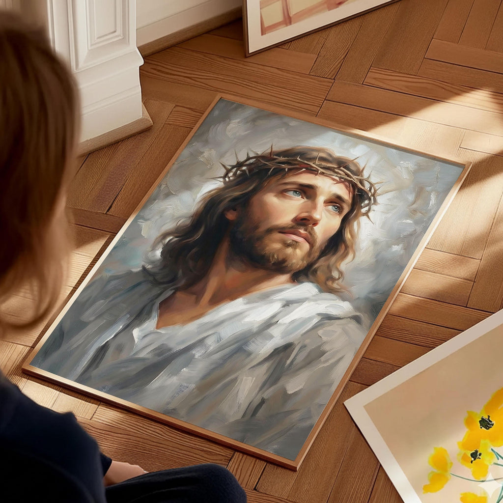 Jesus Crown of Thorns Oil Painting Canvas Print, Christian Portrait Wall Art