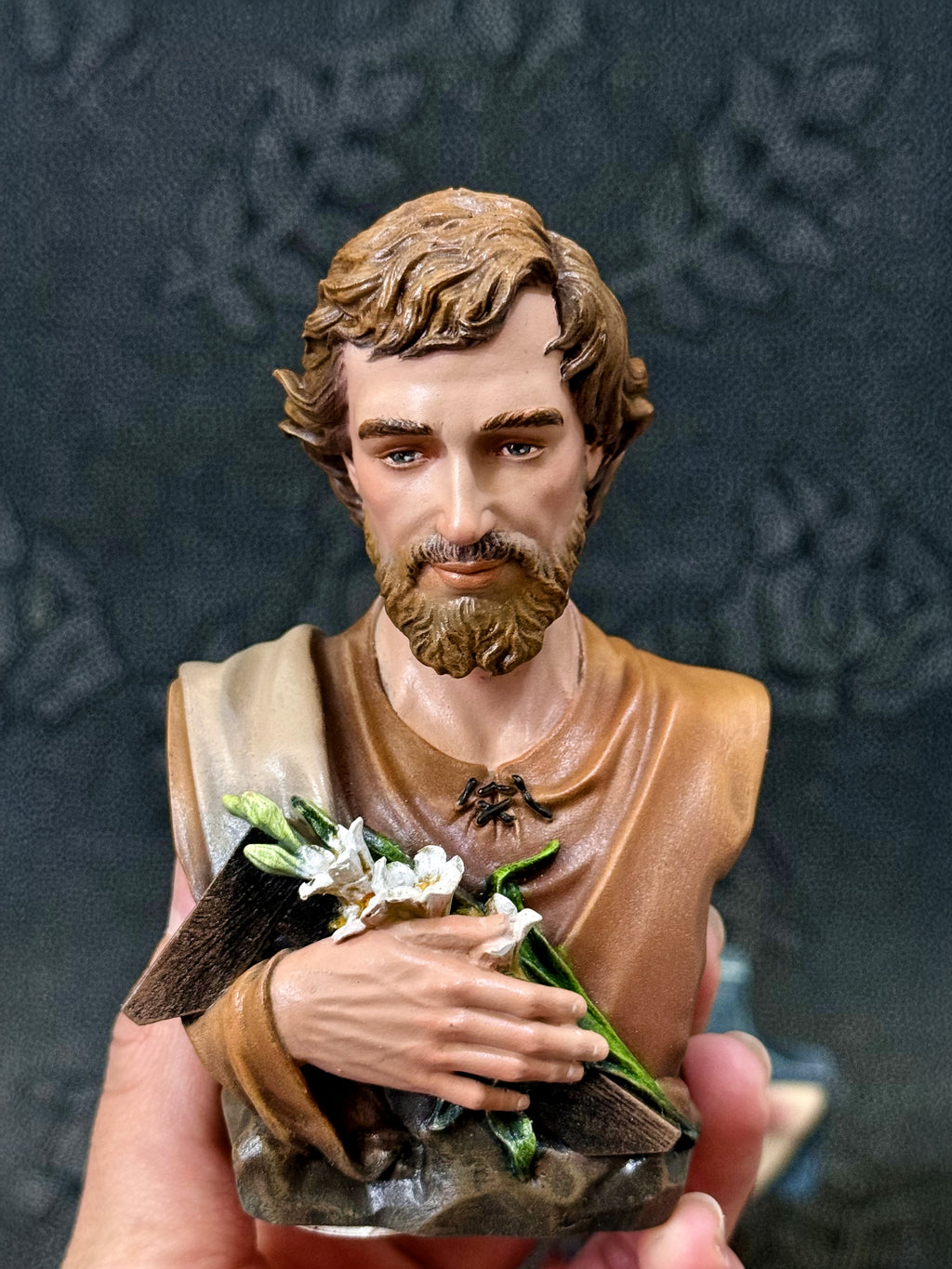 Mini hand-painted Saint Joseph bust statue with brown robe and lily detail