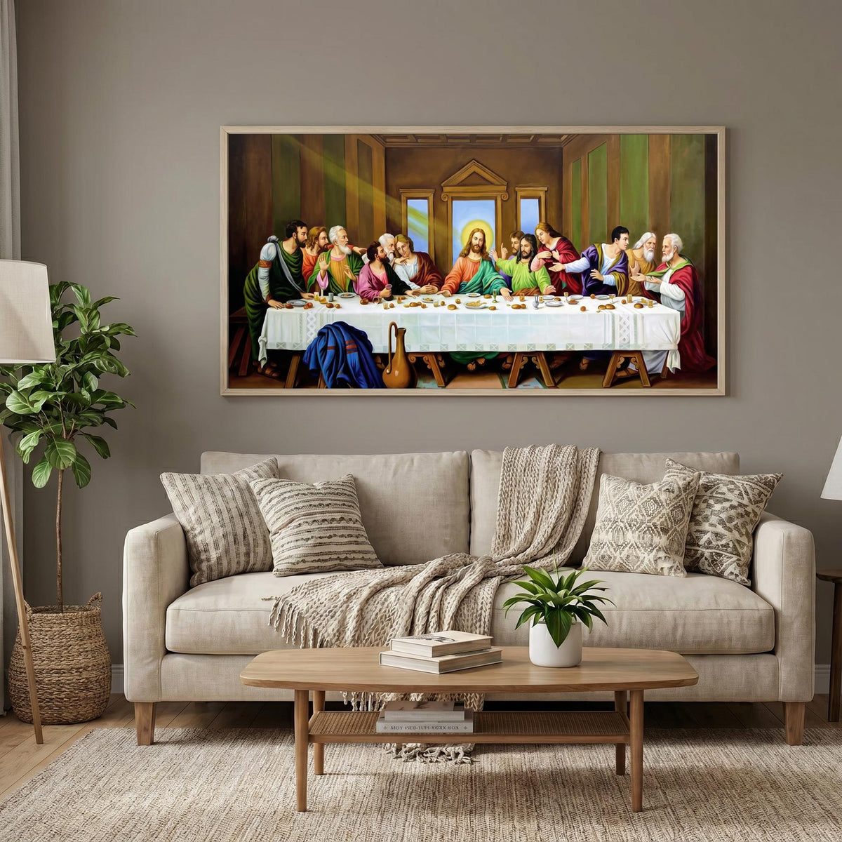 The Last Supper Canvas Wall Art, Panoramic Christian Decor, Jesus Christ & Twelve Apostles Large Religious Print