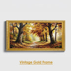 Autumn Forest Panoramic Oil Painting, Extra Wide Fall Landscape Canvas Print, Golden Tree Path Wall Art Decor