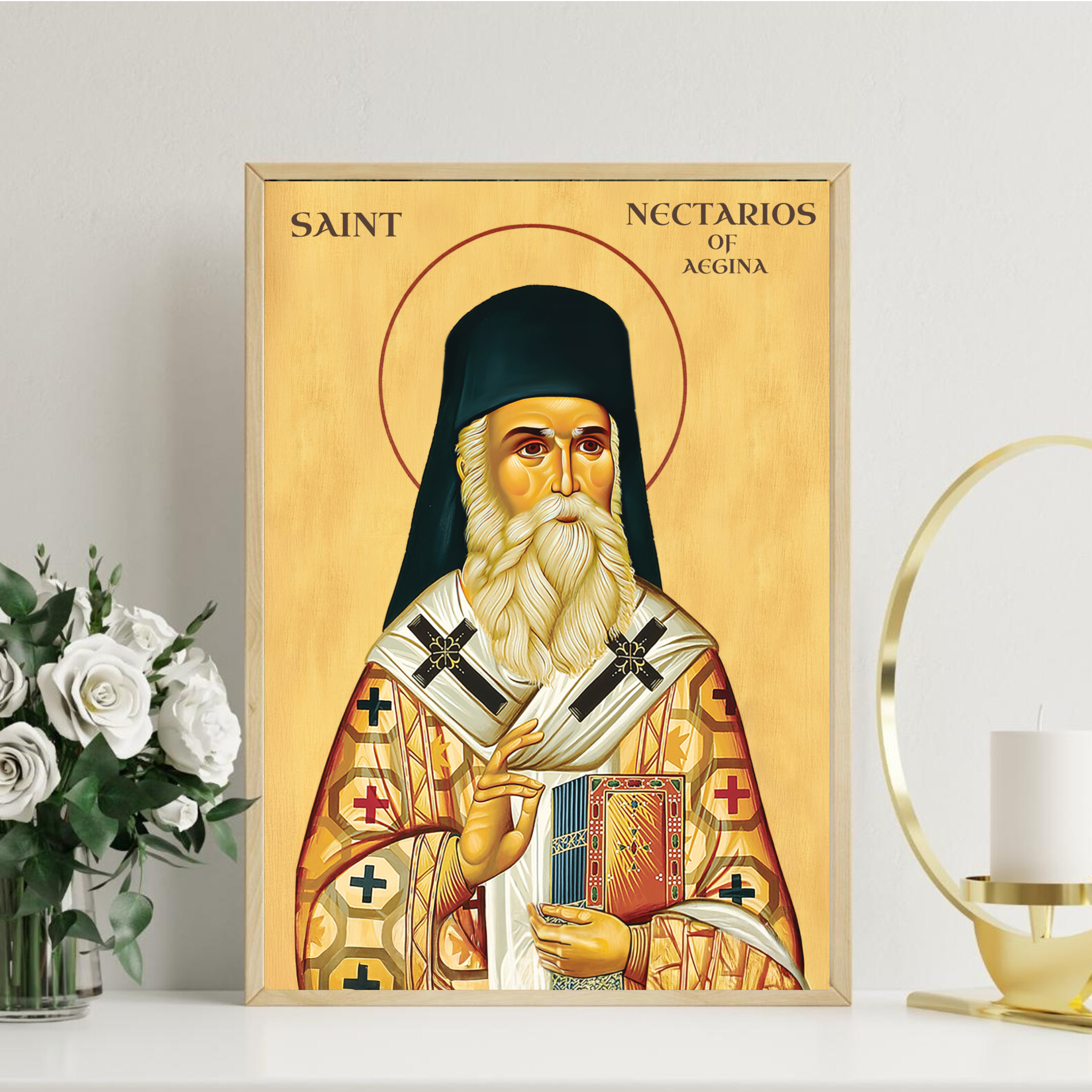 Saint Nectarios of Aegina Icon Print, Wonderworking Bishop Orthodox Wall Art, Holygraceart