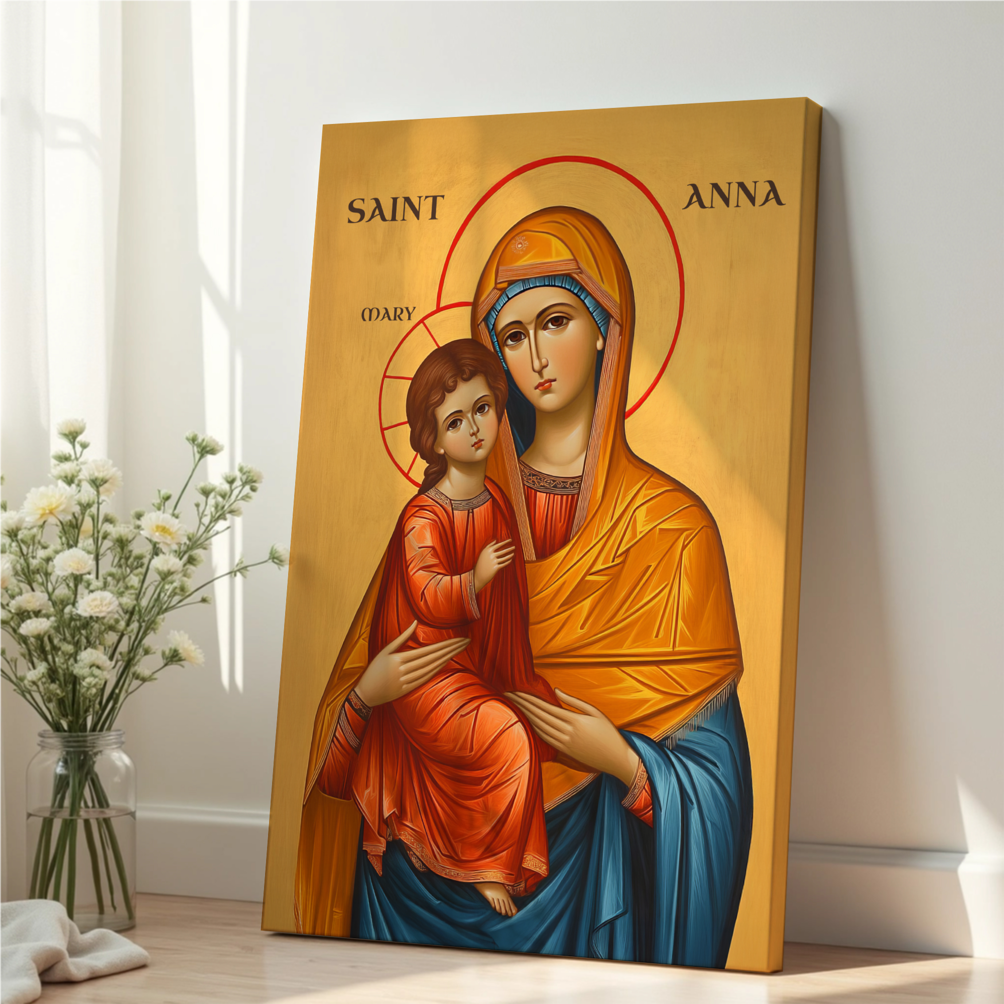 Saint Anna and the Virgin Mary Icon Wall Art, Sacred Family Gift Byzantine Decor, Holygraceart
