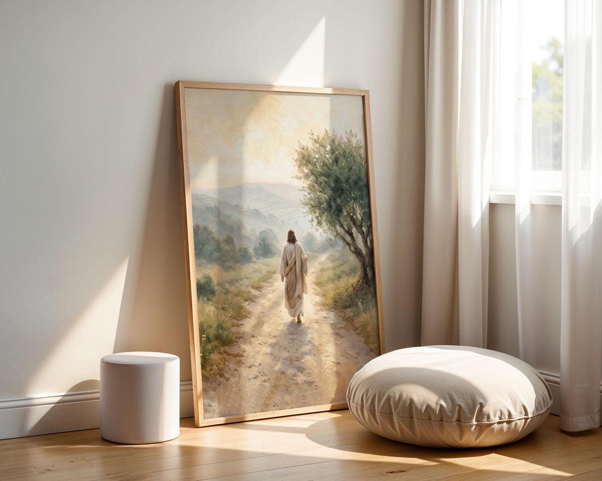 Jesus Walking Country Path Canvas Print, Peaceful Christian Faith Decor (Physical Product)