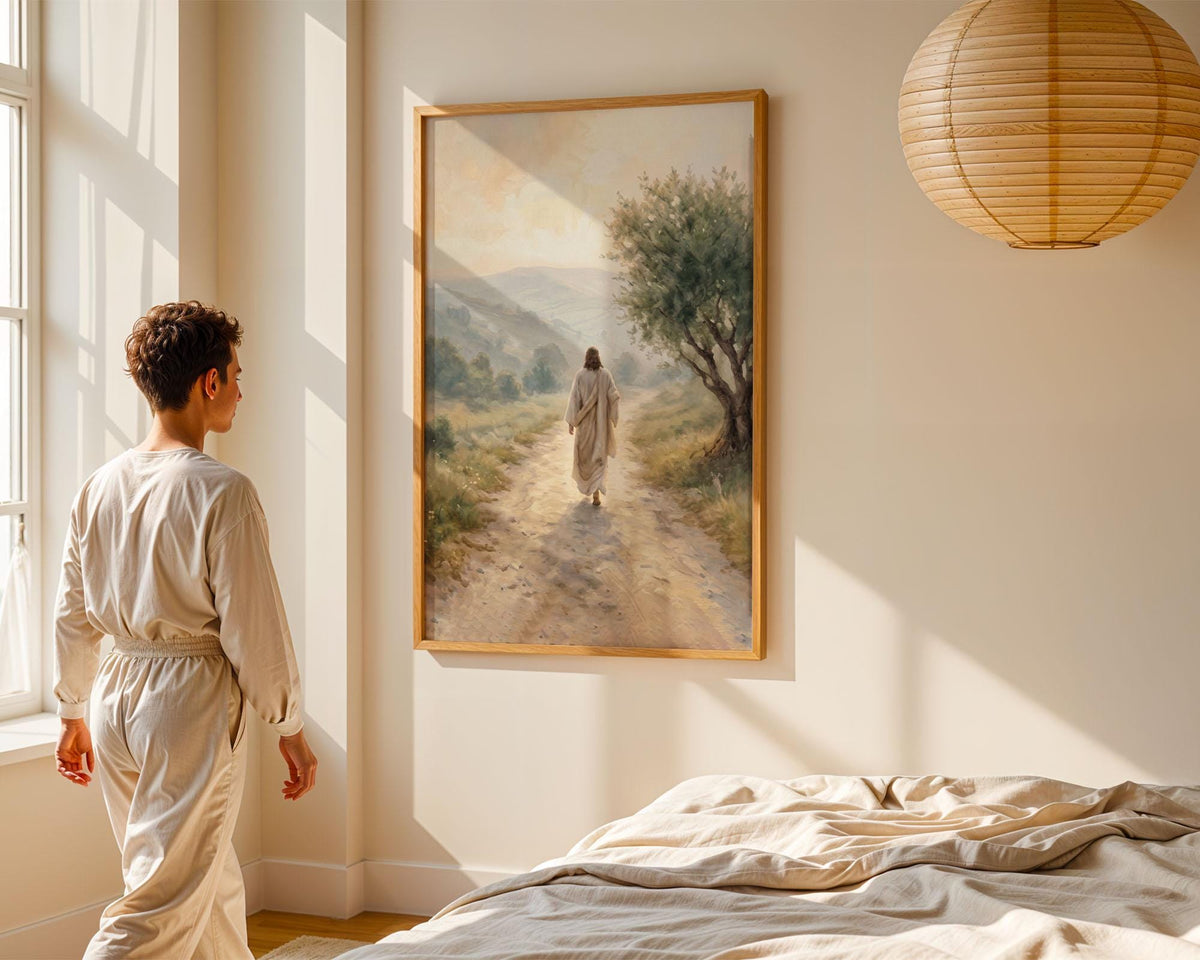 Jesus Walking Country Path Canvas Print, Peaceful Christian Faith Decor (Physical Product)
