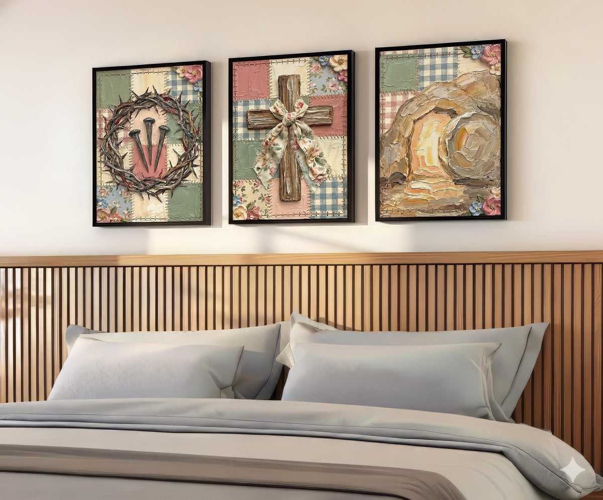 Rustic Christian Wall Art Set, Crown of Thorns Cross Tomb Canvas Prints