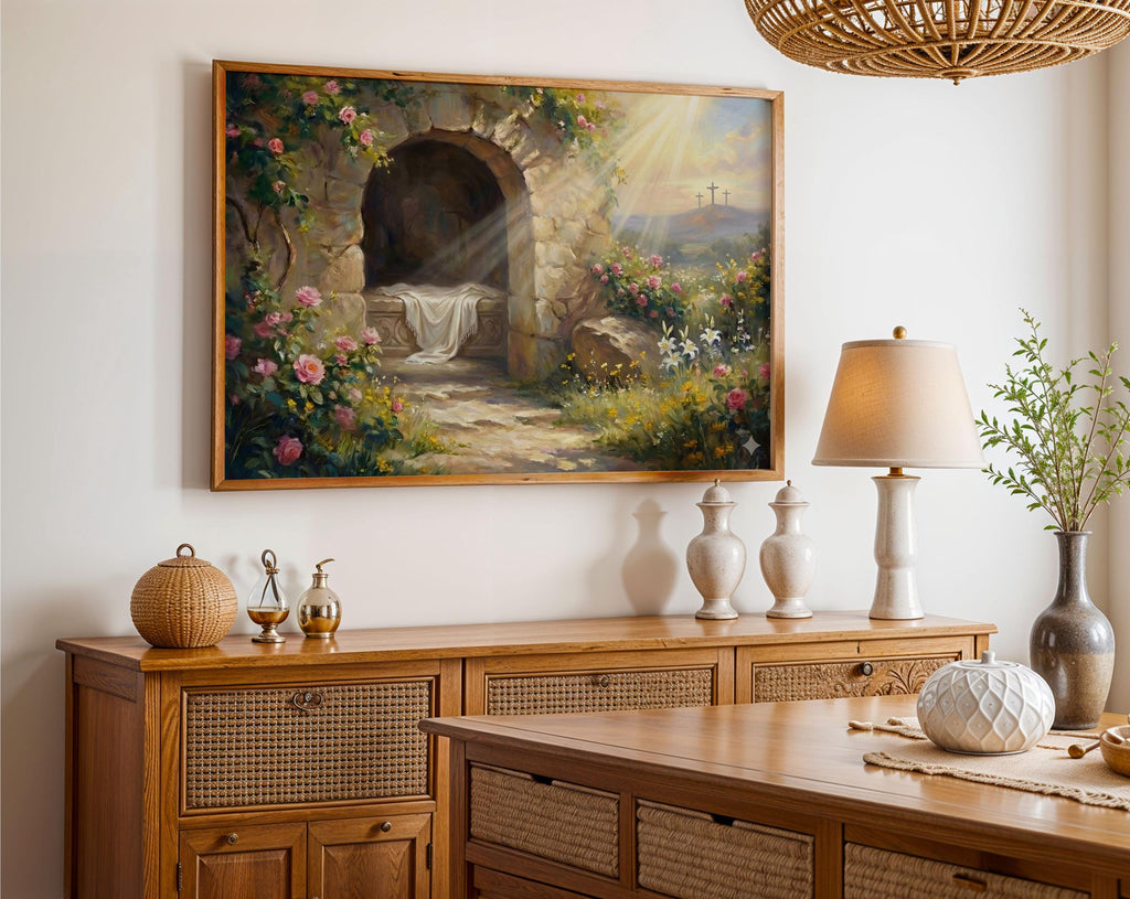 Resurrection Canvas Print, Empty Tomb Sunrise Painting, Christian Easter Decor, Floral Garden Home Poster