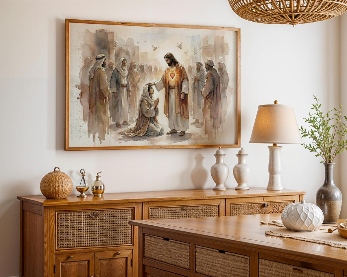 Sacred Heart of Jesus Watercolor Wall Art - Healing Christ Blessing Woman Print - Christian Home Decor Catholic Gift