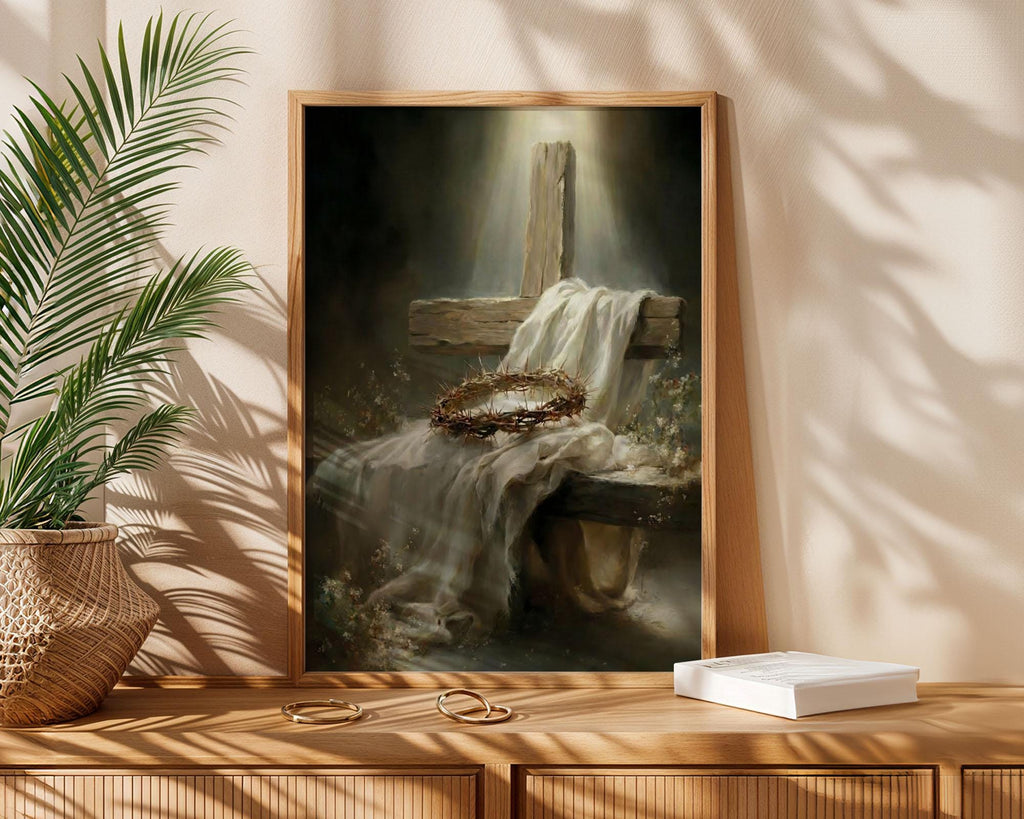 Resurrection Cross Canvas Print, Crown of Thorns, Easter Religious Wall Art