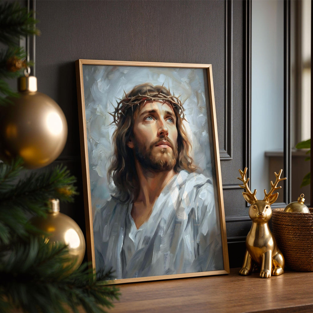 Jesus Crown of Thorns Oil Painting Canvas Print, Christian Portrait Wall Art