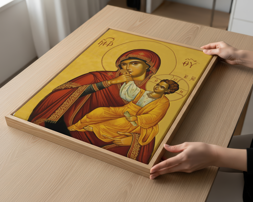 Mother of God and Christ Child Orthodox Icon Wall Art, New Baby Gift, Marian Tenderness Print
