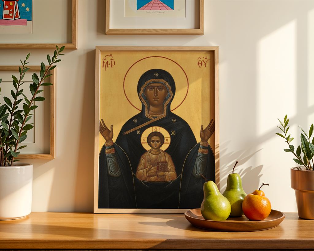 Theotokos of the Sign Orthodox Icon Print, Family Prayer and Baptism Gift, Byzantine Art