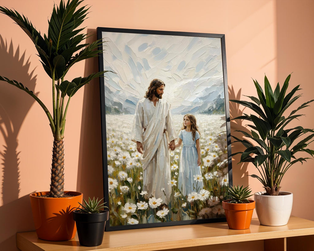 Jesus Walking with Child in Daisy Field Painting, Christian Wall Art, Religious Nursery Decor, Impasto Oil Canvas