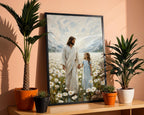 Jesus Walking with Child in Daisy Field Painting, Christian Wall Art, Religious Nursery Decor, Impasto Oil Canvas