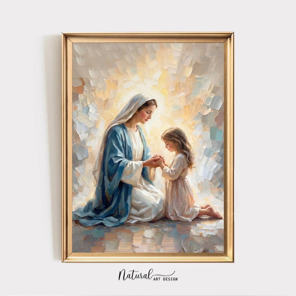 Virgin Mary Praying with Child Canvas Print, Marian Mother Daughter Faith Art