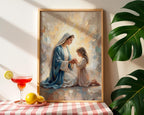 Virgin Mary Praying with Child Canvas Print, Marian Mother Daughter Faith Art