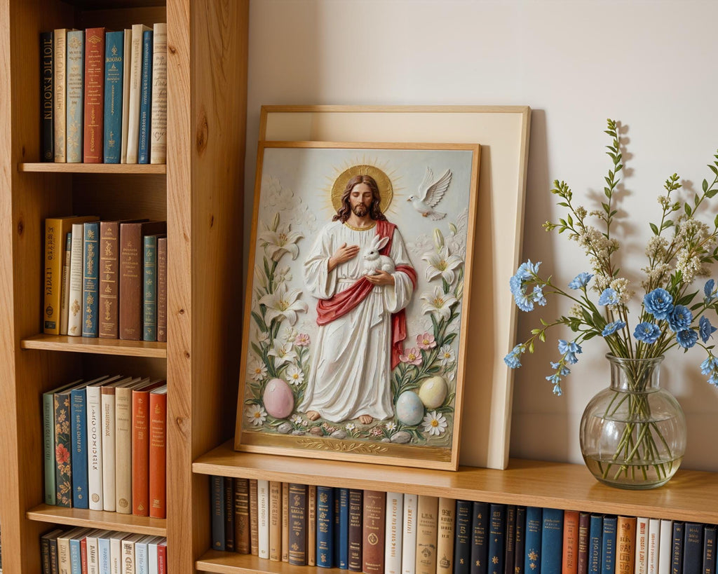 Jesus with Lamb, Lily & Dove – Art Print, Easter Gift