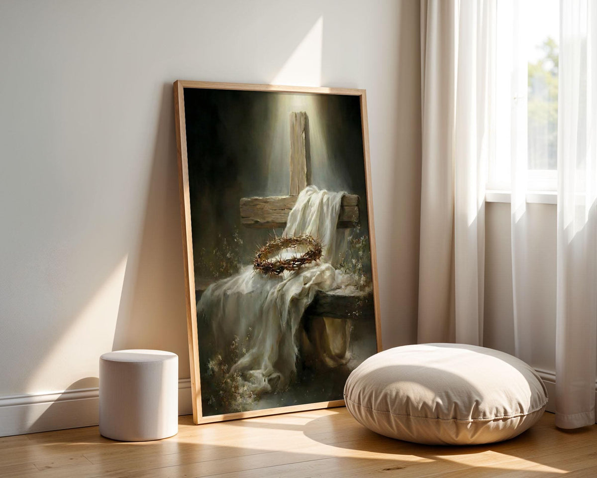 Resurrection Cross Canvas Print, Crown of Thorns, Easter Religious Wall Art