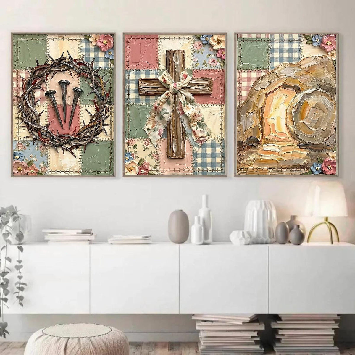 Rustic Christian Wall Art Set, Crown of Thorns Cross Tomb Canvas Prints